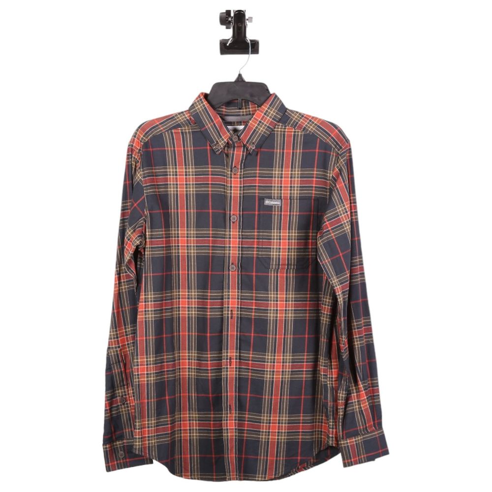 Columbia Mens Red Blue Plaids Checks Stretch Button-Front Shirt Size Small